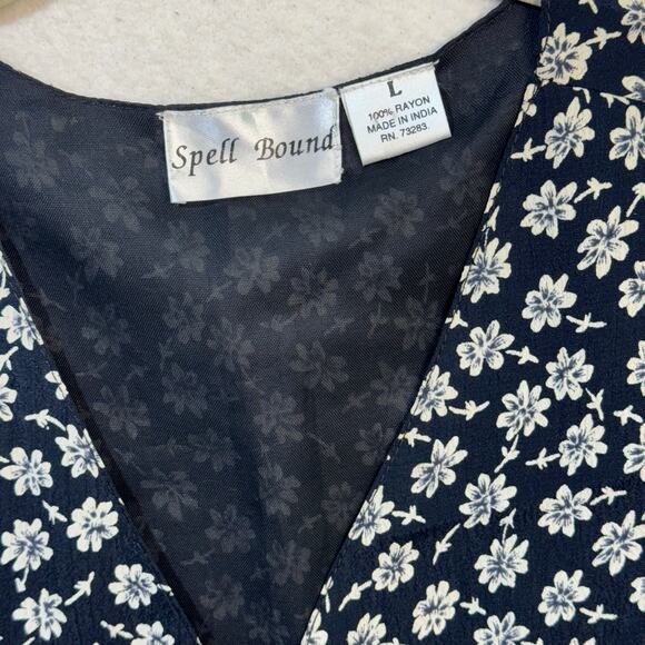 Spellbound Rayon Navy Blue White Floral 90's VTG Vest Button Front Size Large - Picture 5 of 5